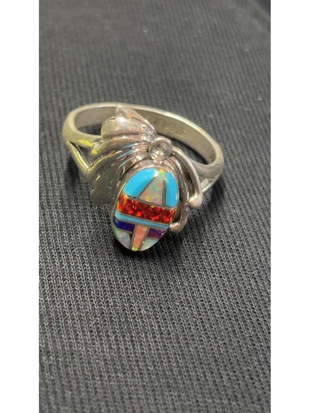 Navajo cluster opal, turquoise sterling silver inlay ring size 10.5 -Jerome